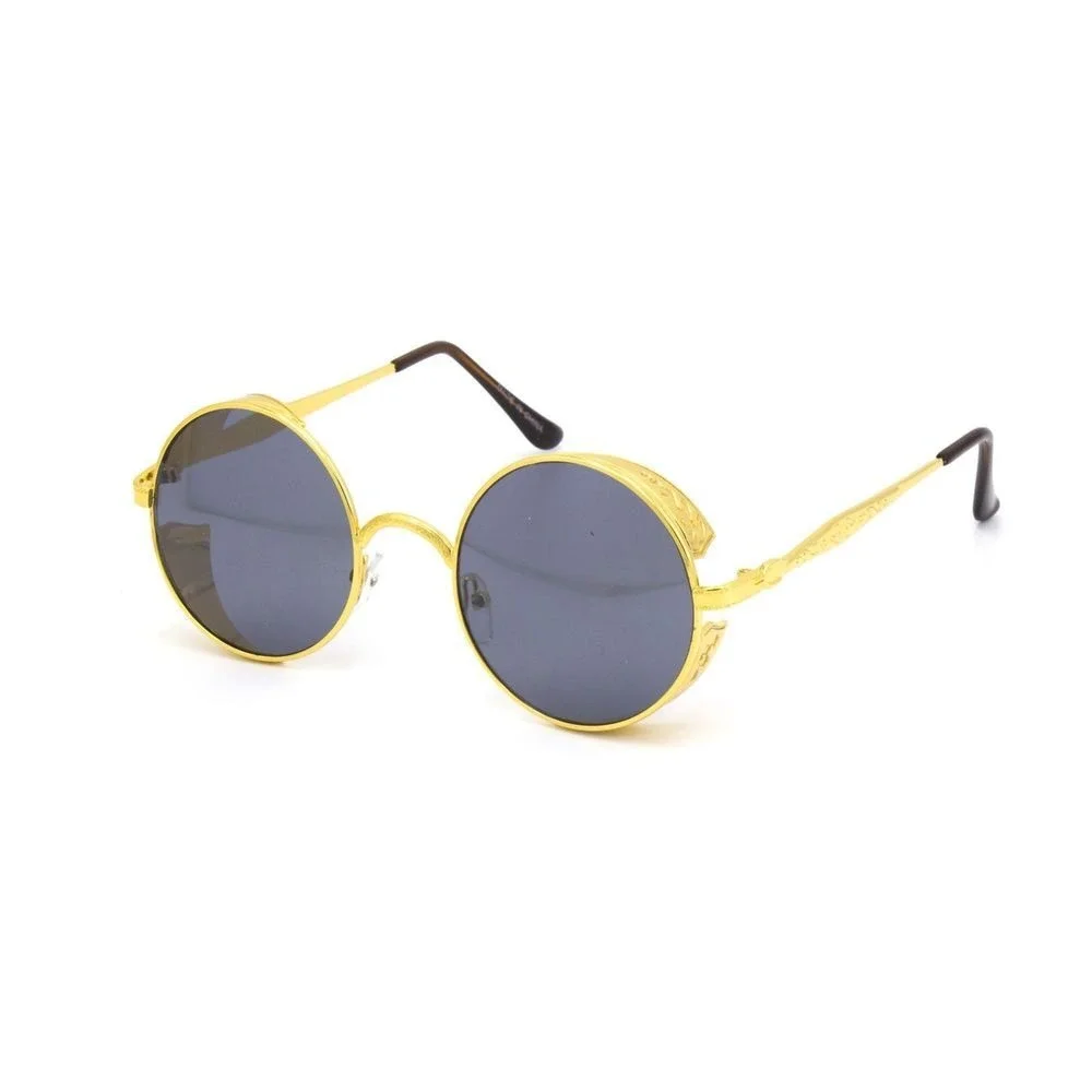 Dark Black Lens Round Thick Frame Gold Metal Sunglasses Men Hip Hop Style Trendy